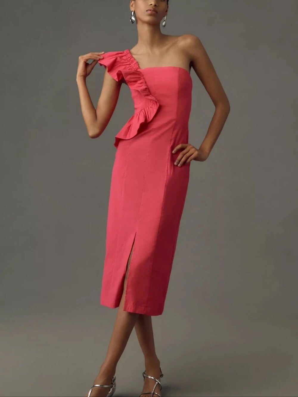 NWT By Anthropologie One Shoulder Ruffle Linen Column Midi Dress XS Retail 168$